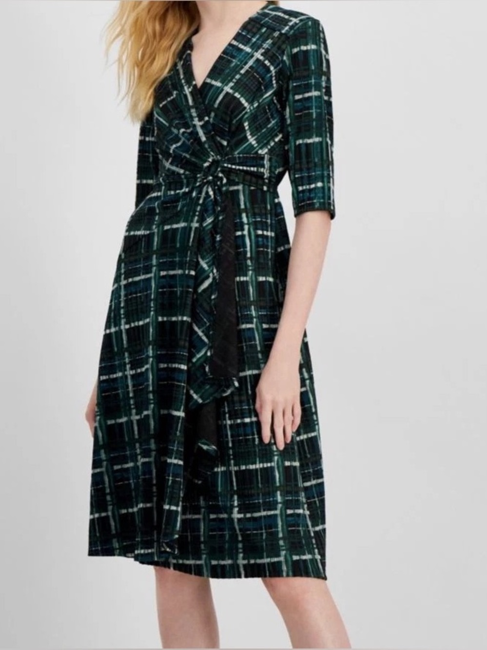 NWT Wrap Dress Blue Green Teal Black Plaid Grid Pattern V Neck Dress - XL Dress